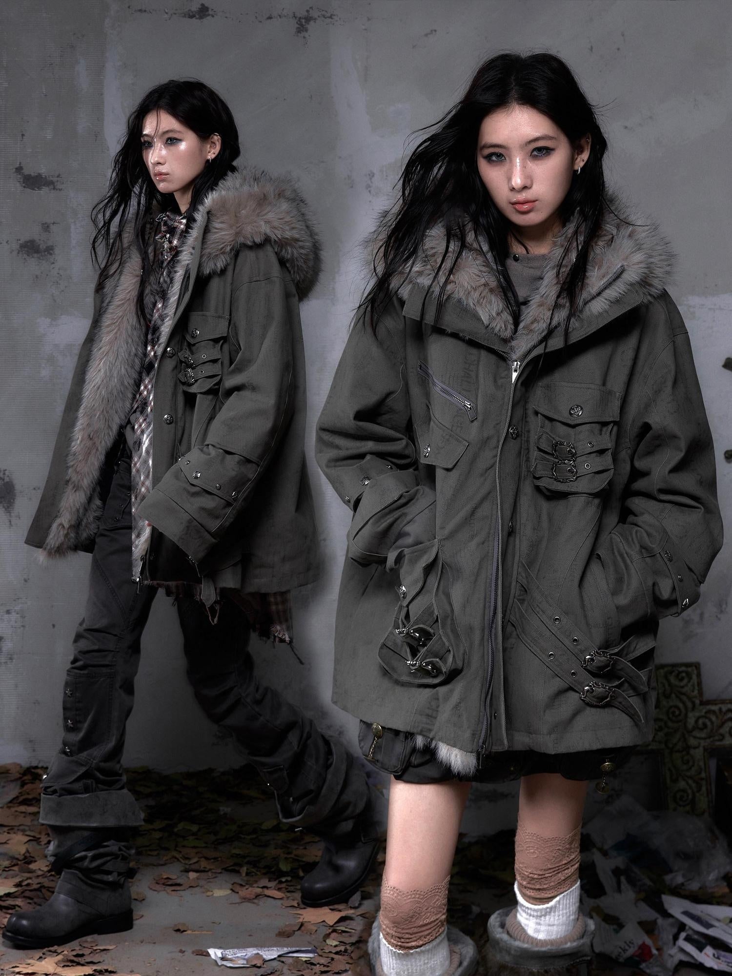 NO ROMANCE Thick Insulated Hooded Punk Oversized Midlength Zip Khaki Green Puffer Jackets