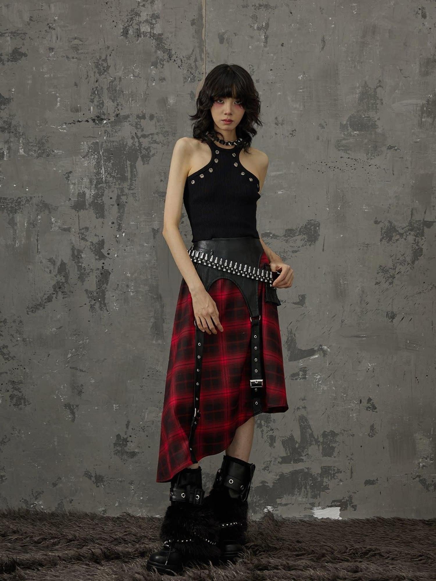 Frustration Garden Edgy Patchwork Asymmetrical A Line Mid Waist Loose Women Black Red Midi Skirts