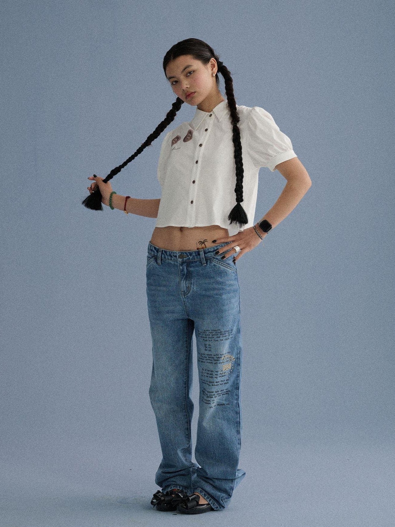 Achihara Blue Grey Buttoned Printed Collared Women'S Cotton Short Sleeve T-Shirts