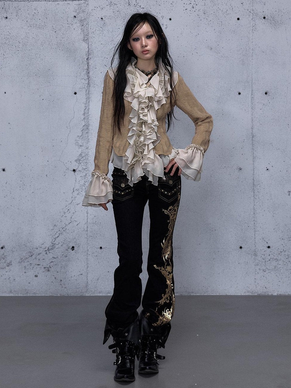 NO ROMANCE Rhinestone Low Rise Slim Fit Modern Patchwork Floral Mid Stretch Flare Jeans