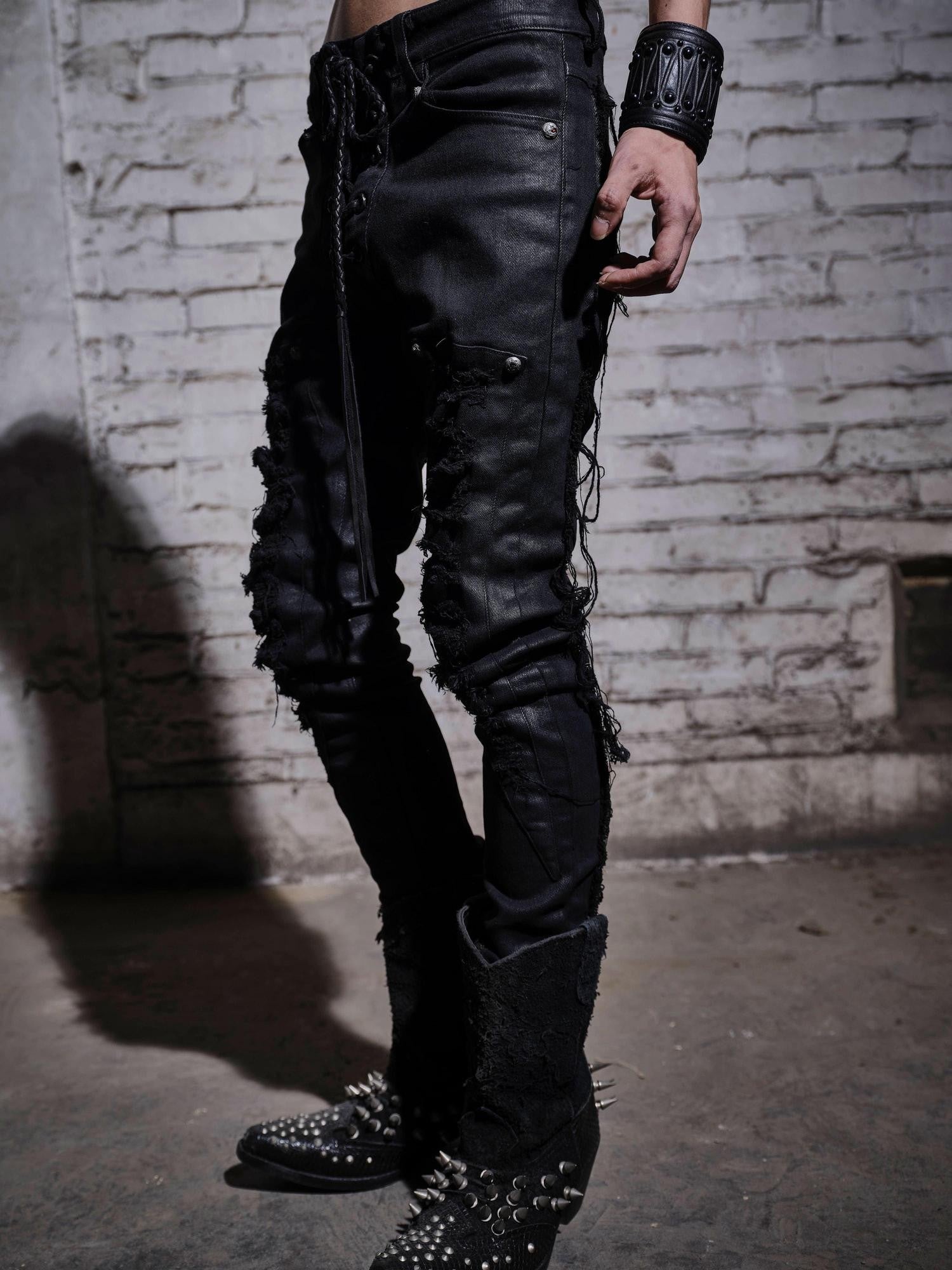 The space between Us Scar Detail Distressed Drawstring Slim Fitted Women's Waxed Skinny Pants