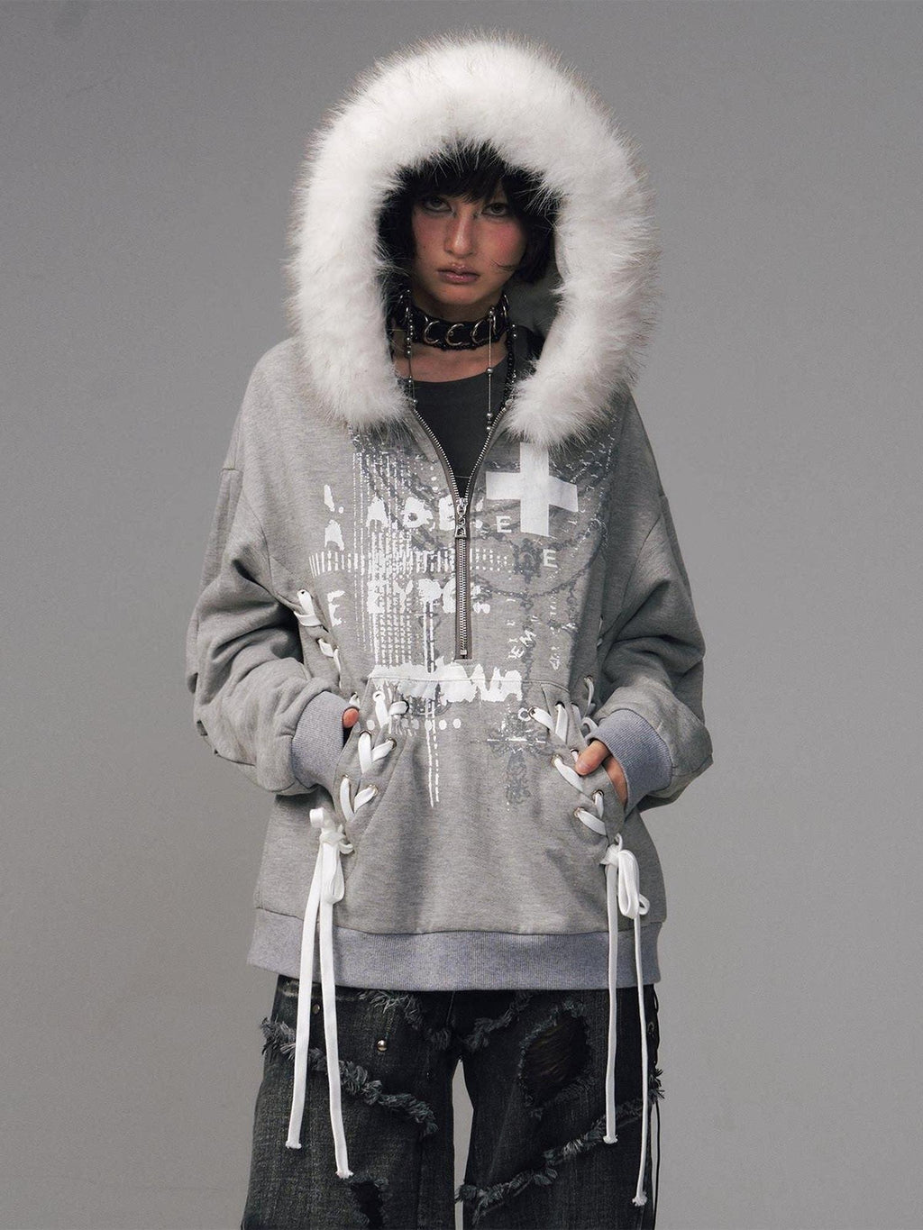 Frustration Garden Original Design Loose Fit Printed Fur Collar Zip Hooded Warm Gray Women Hoodies