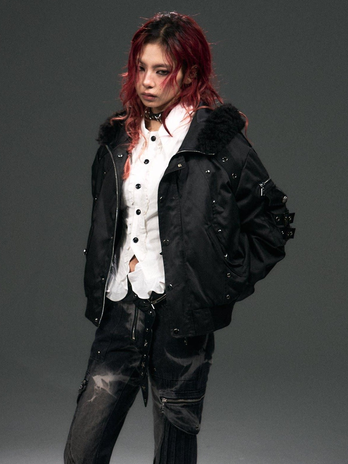 Frustration Garden Thick Cotton Lined Hooded Fur Trim Loose Fit Punk Zipper Pocket Bomber Jackets