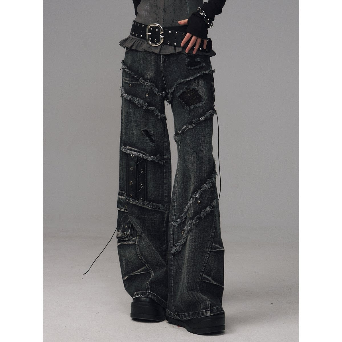 Frustration_Garden_Raw_Hem_Asymmetric_Street_Style_Natural_Waist_Women_Black_Grey_Wide-Leg_Jeans_MISSTT
