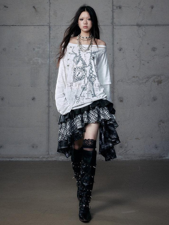 NO ROMANCE Oversized Punk Graphic Boat Neck Womens Print Long Sleeve T-Shirts
