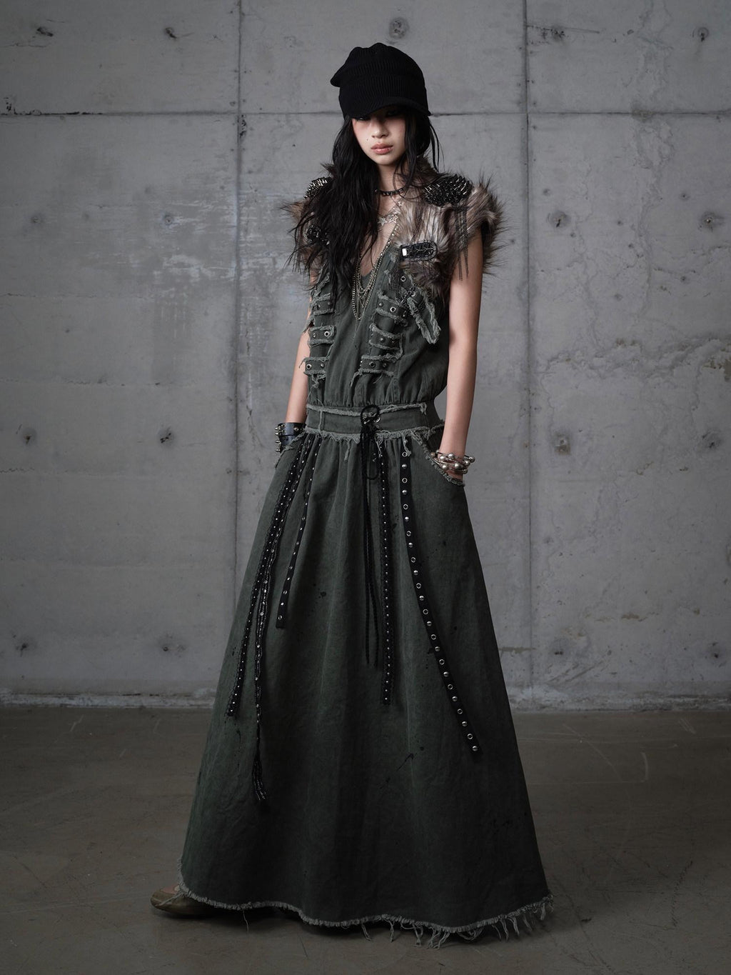 NO ROMANCE Washed Grunge Green Pocketed Punk A Line Loose V-neck Women Casual Midi Dresses