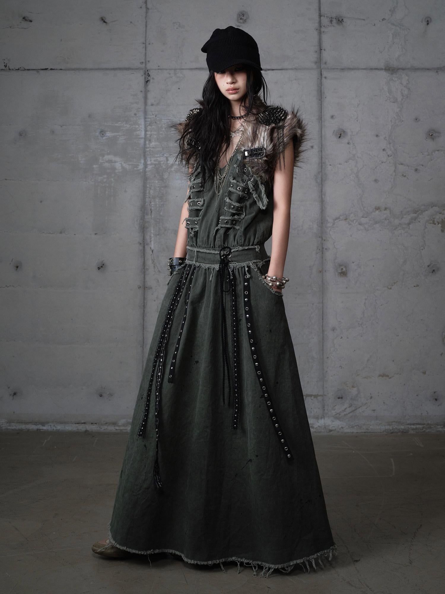 NO ROMANCE Washed Grunge Green Pocketed Punk A Line Loose V-neck Women Casual Midi Dresses