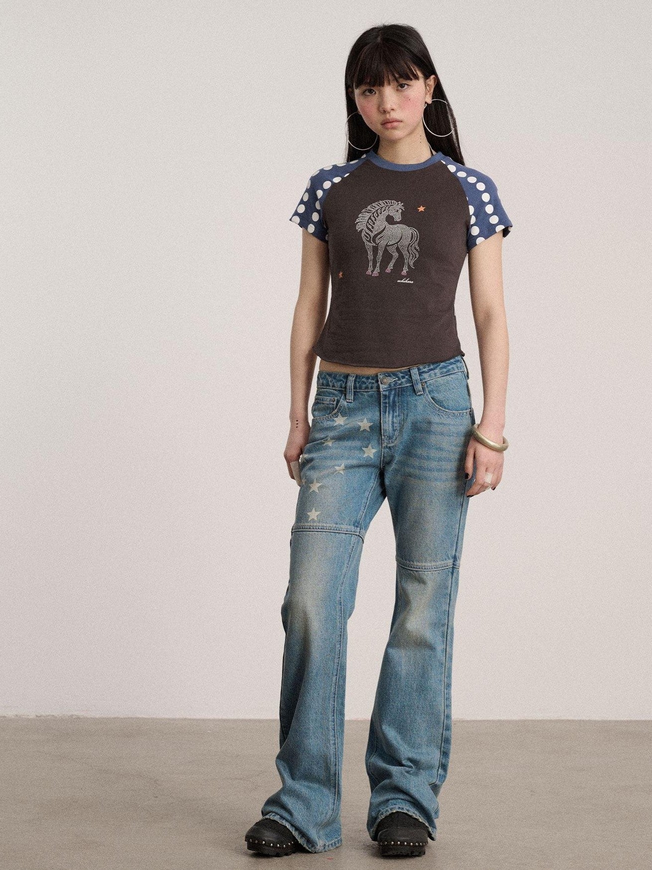 Achihara Polka Dot Contrast Panel Rhinestone Women'S Cotton Blend Short Sleeve T-Shirts