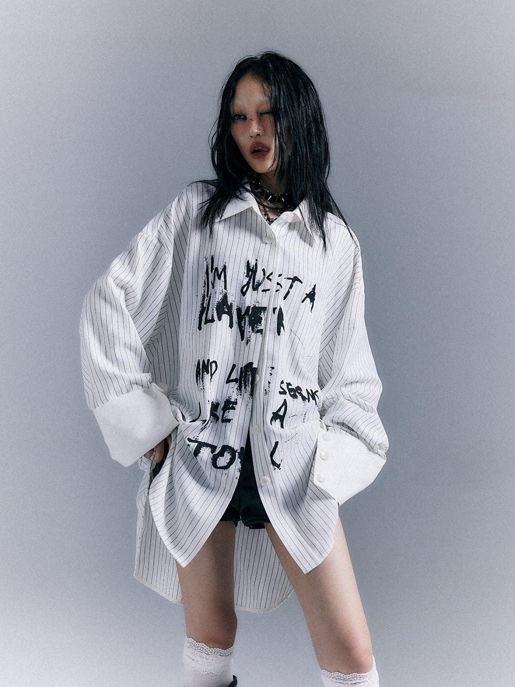 Frustration Garden Original Loose Fit Asymmetric Button Print Pocket Unisex Long Sleeve Shirts