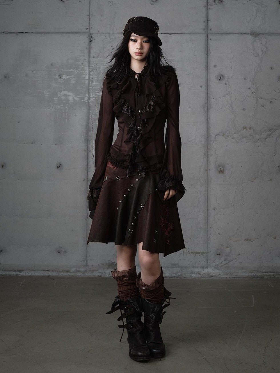 NO ROMANCE Embroidered Regal Asymmetric Mid Rise Loose Casual Girls Dark Brown Mini Skirts