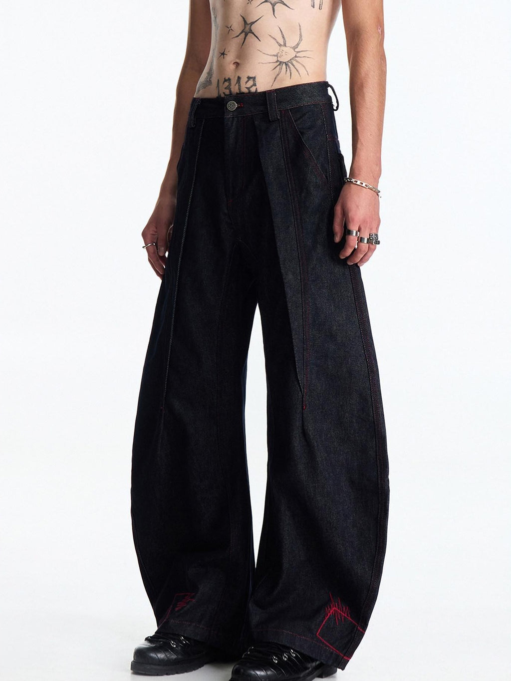 EMOBROTHER Embroidered Patch Mid Rise Baggy American Denim Cotton Wide-Leg Jeans