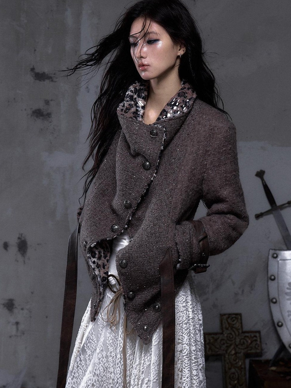 NO ROMANCE Reversible Leopard Print Loose Fit Lapel Long Sleeve Womens Tweed Jackets