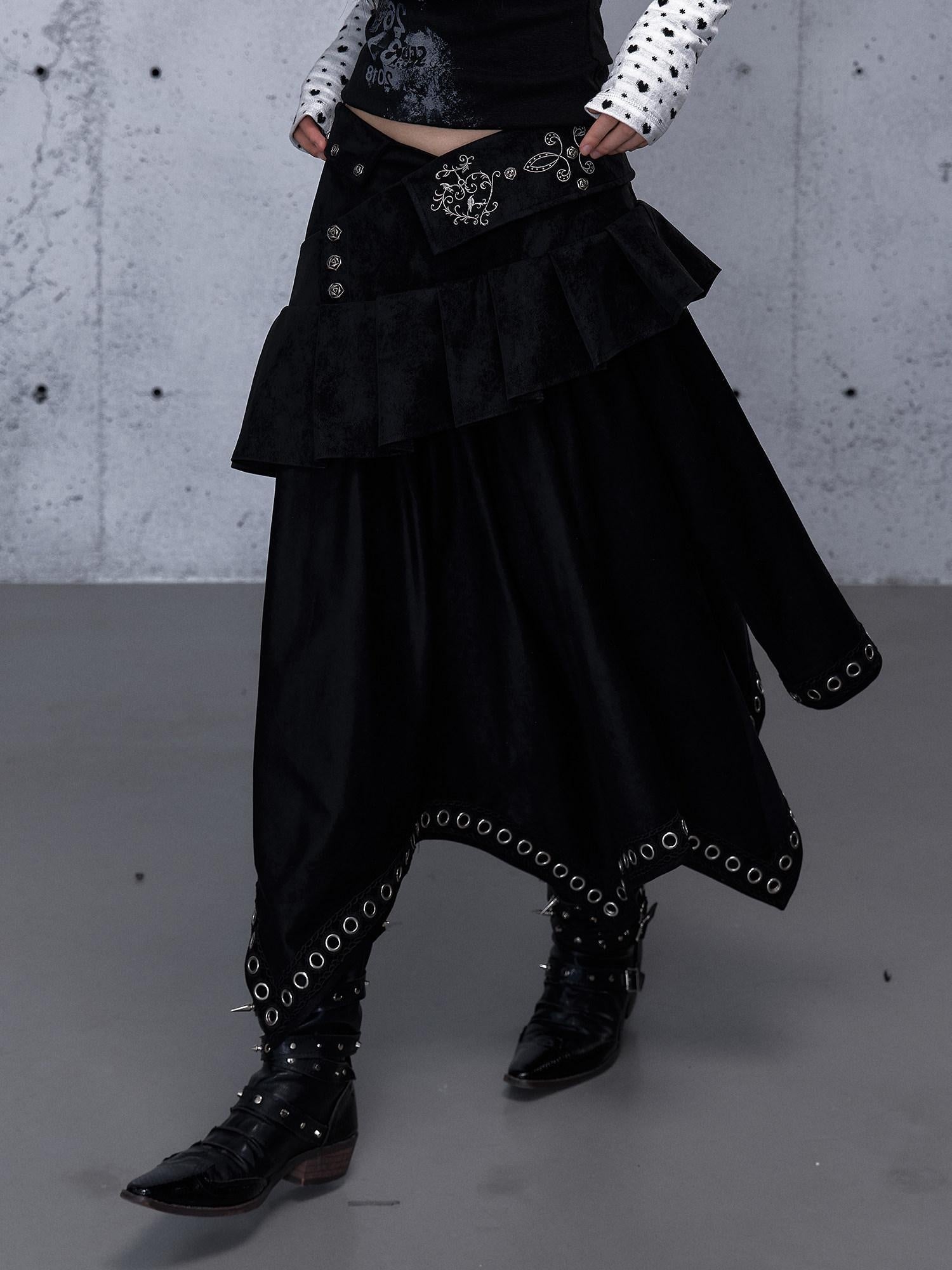 NO ROMANCE Edgy Asymmetrical High Waist A Line Loose Gothic Pu Suede Patchwork Maxi Skirts