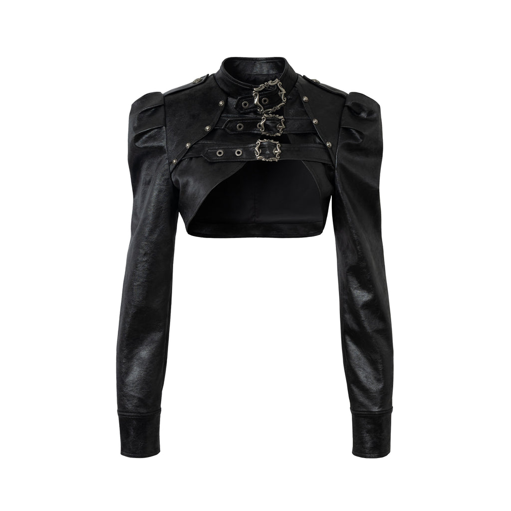 NO_ROMANCE_Cropped_Pu_Punk_Stand_Collar_Snap_Closure_Women_Regular_Fit_Track_Jackets_MISSTT