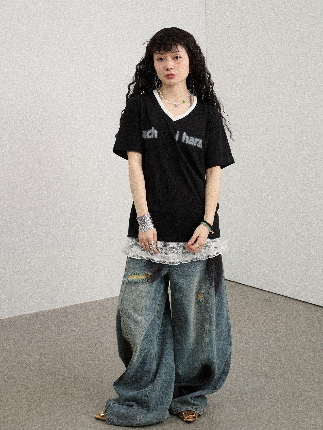 Achihara Ice Block V-neck Loose Letter Print Women'S Lyocell Short Sleeve T-Shirts