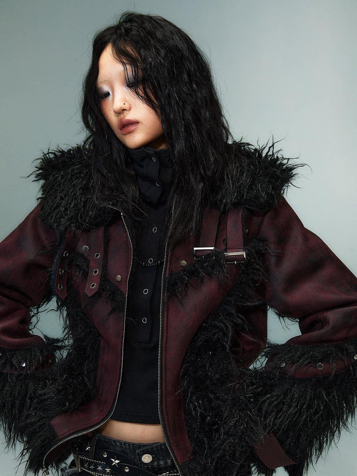 Frustration Garden Warm Oversized Original Zip Patchwork Faux Fur Studs Women Casual Jackets