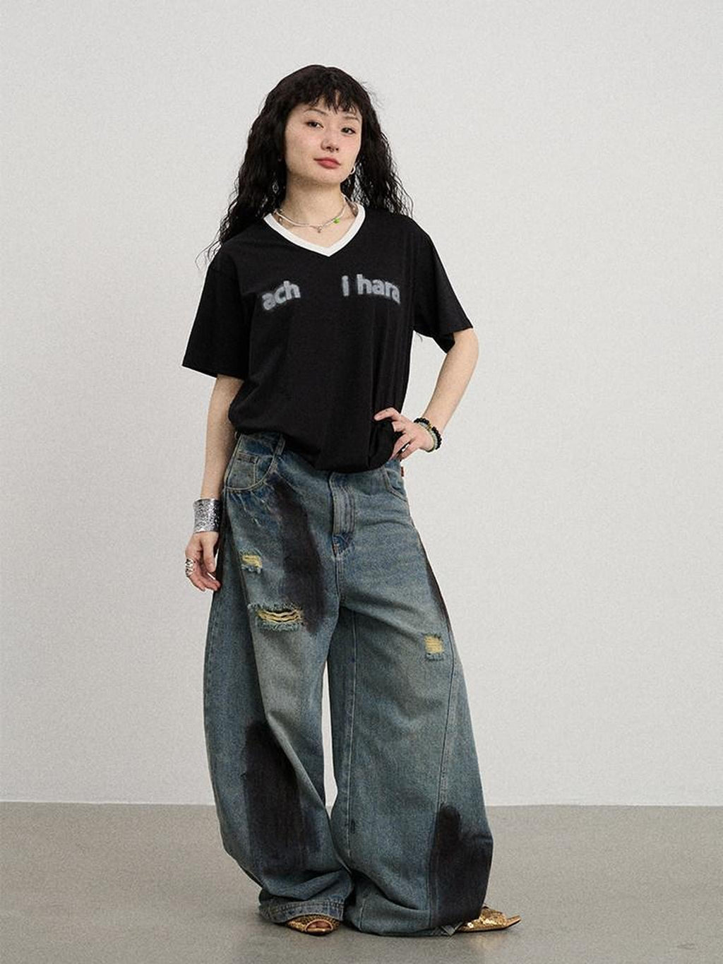 Achihara Ice Block V-neck Loose Letter Print Women'S Lyocell Short Sleeve T-Shirts