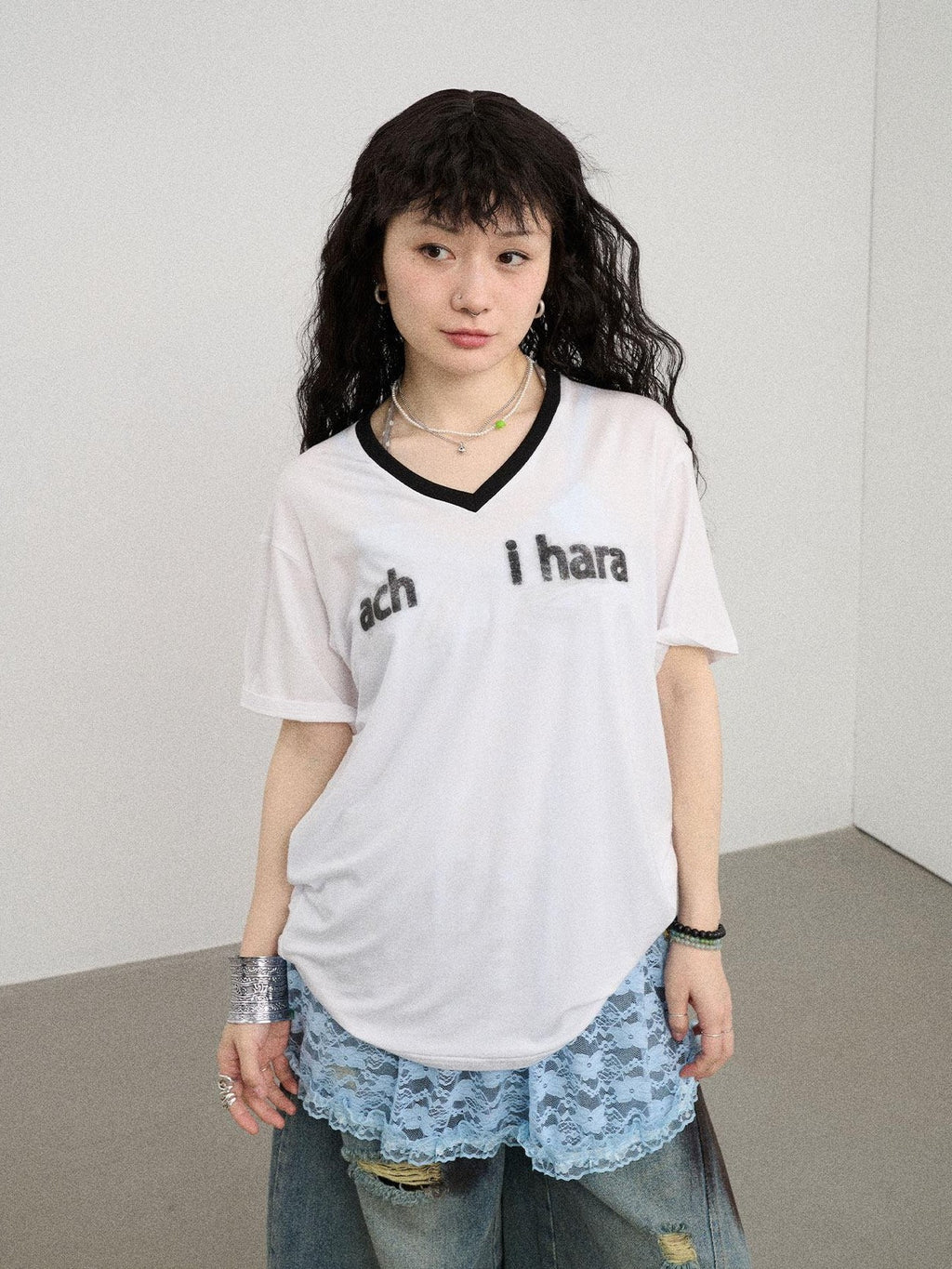 Achihara Ice Block V-neck Loose Letter Print Women'S Lyocell Short Sleeve T-Shirts
