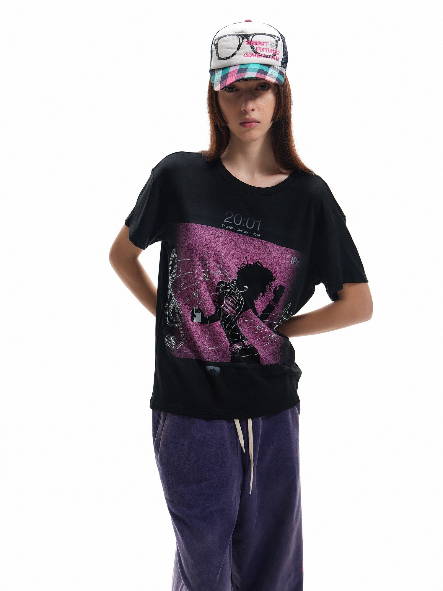 NumbAsia Apple Lockscreen Print Music Notes Rhinestone Women's Short Sleeve T-shirts