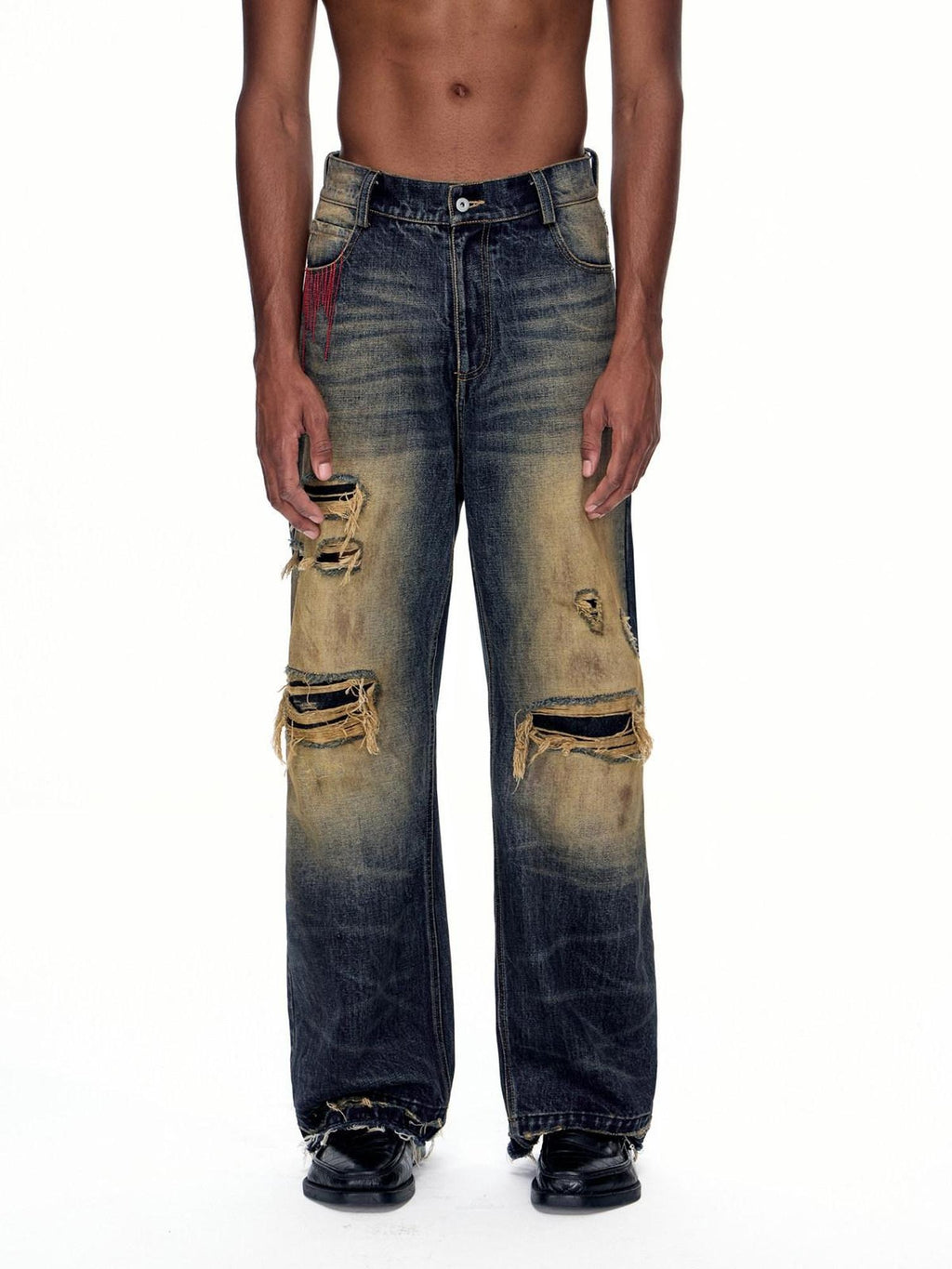 EMOBROTHER Durable 100% Cotton Distressed Washed Mid Rise Casual Blue Straight Jeans
