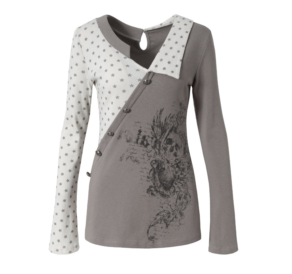 NO_ROMANCE_Cozy_Knit_Star_Printed_Relaxed_Polo_Collar_Women_Black_Ecru_Long_Sleeve_T-Shirts_MISSTT