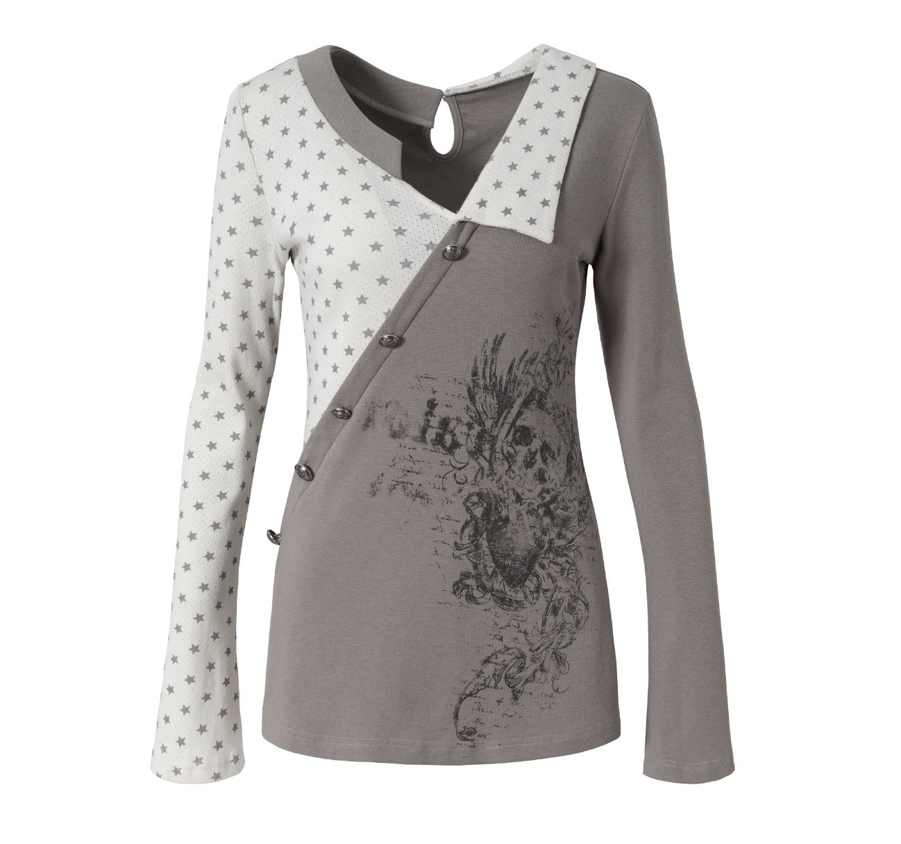 NO_ROMANCE_Cozy_Knit_Star_Printed_Relaxed_Polo_Collar_Women_Black_Ecru_Long_Sleeve_T-Shirts_MISSTT