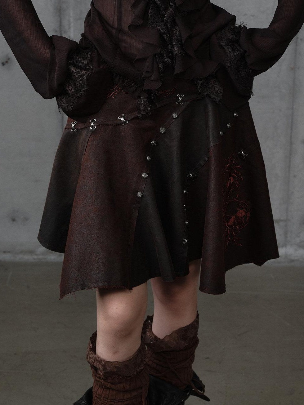 NO ROMANCE Embroidered Regal Asymmetric Mid Rise Loose Casual Girls Dark Brown Mini Skirts