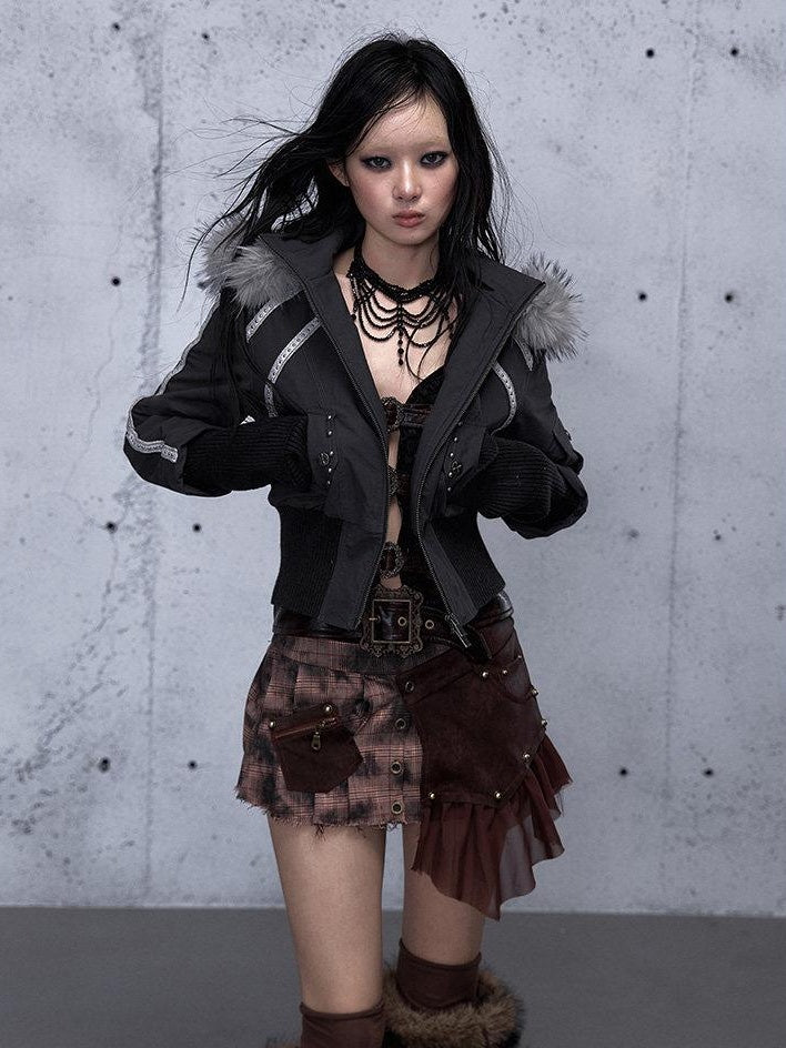 NO ROMANCE Edgy Punk Slim Fit Hooded Cropped Short Sleeve Zipper Women Puffer Jackets