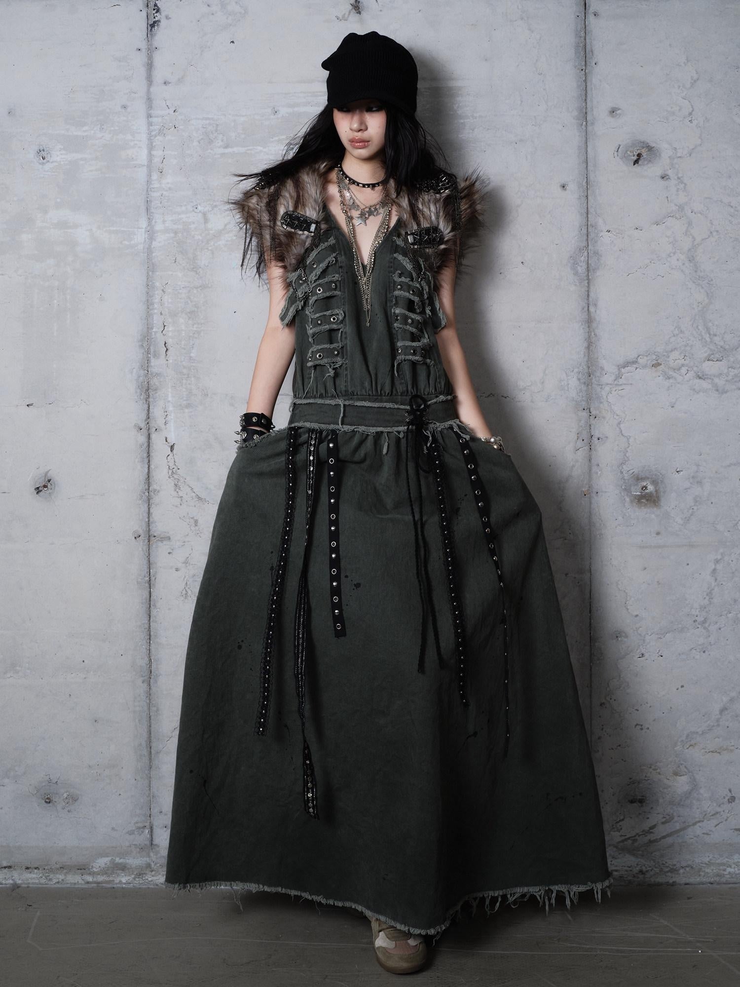 NO ROMANCE Washed Grunge Green Pocketed Punk A Line Loose V-neck Women Casual Midi Dresses