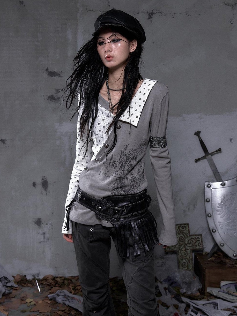 NO ROMANCE Cozy Knit Star Printed Relaxed Polo Collar Women Black Ecru Long Sleeve T-Shirts