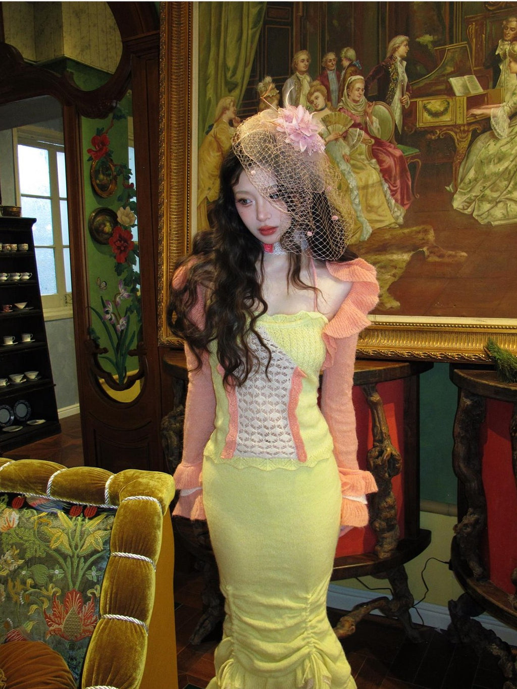 cidhiidhi Color Block Lace Trim Flared Sleeve V-neck Women's Wool Matching Skirt Sets