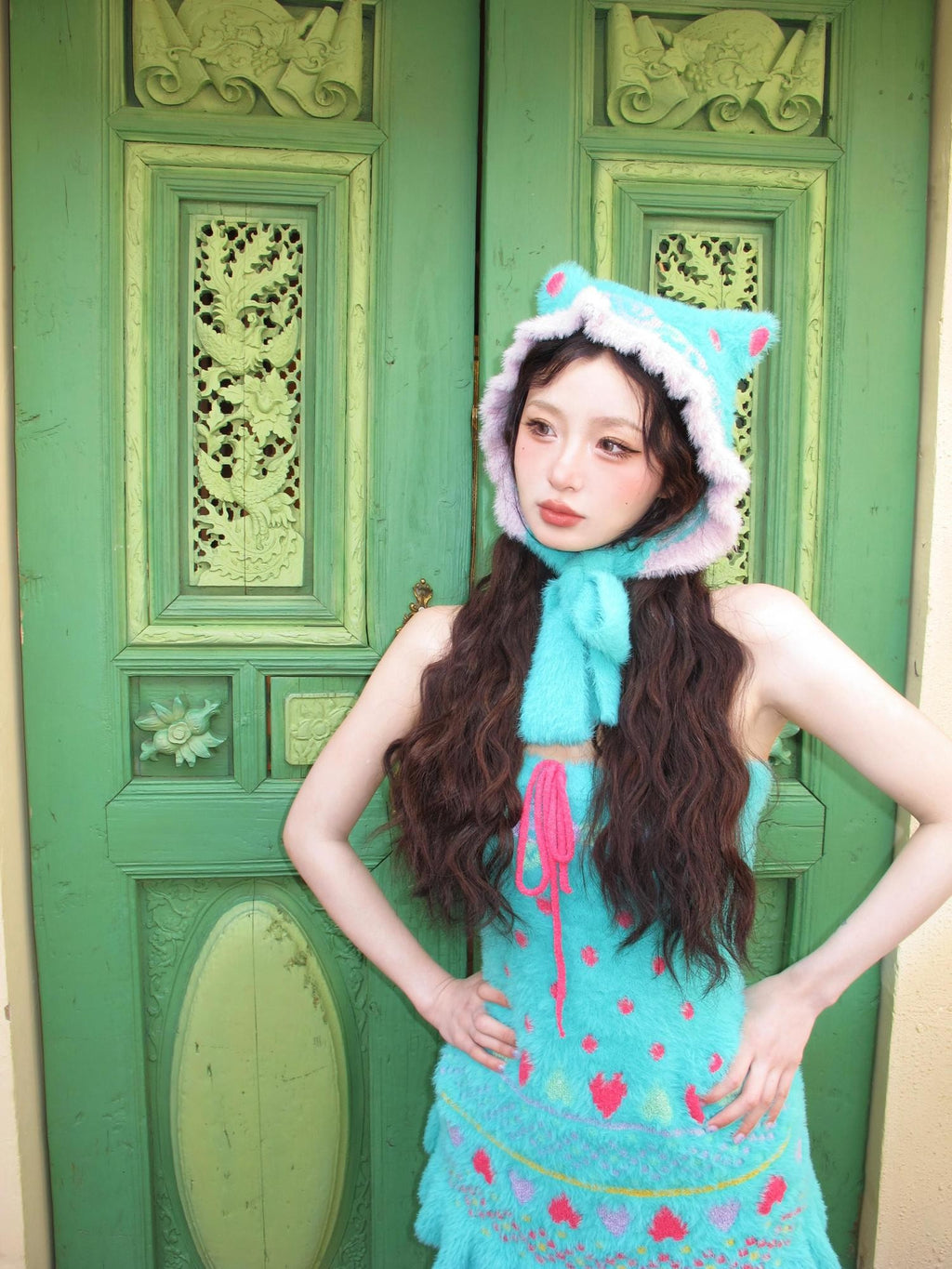 cidhiidhi Faux Mink Jacquard Lace Up Cat Ear Women's Tube Mini Dresses