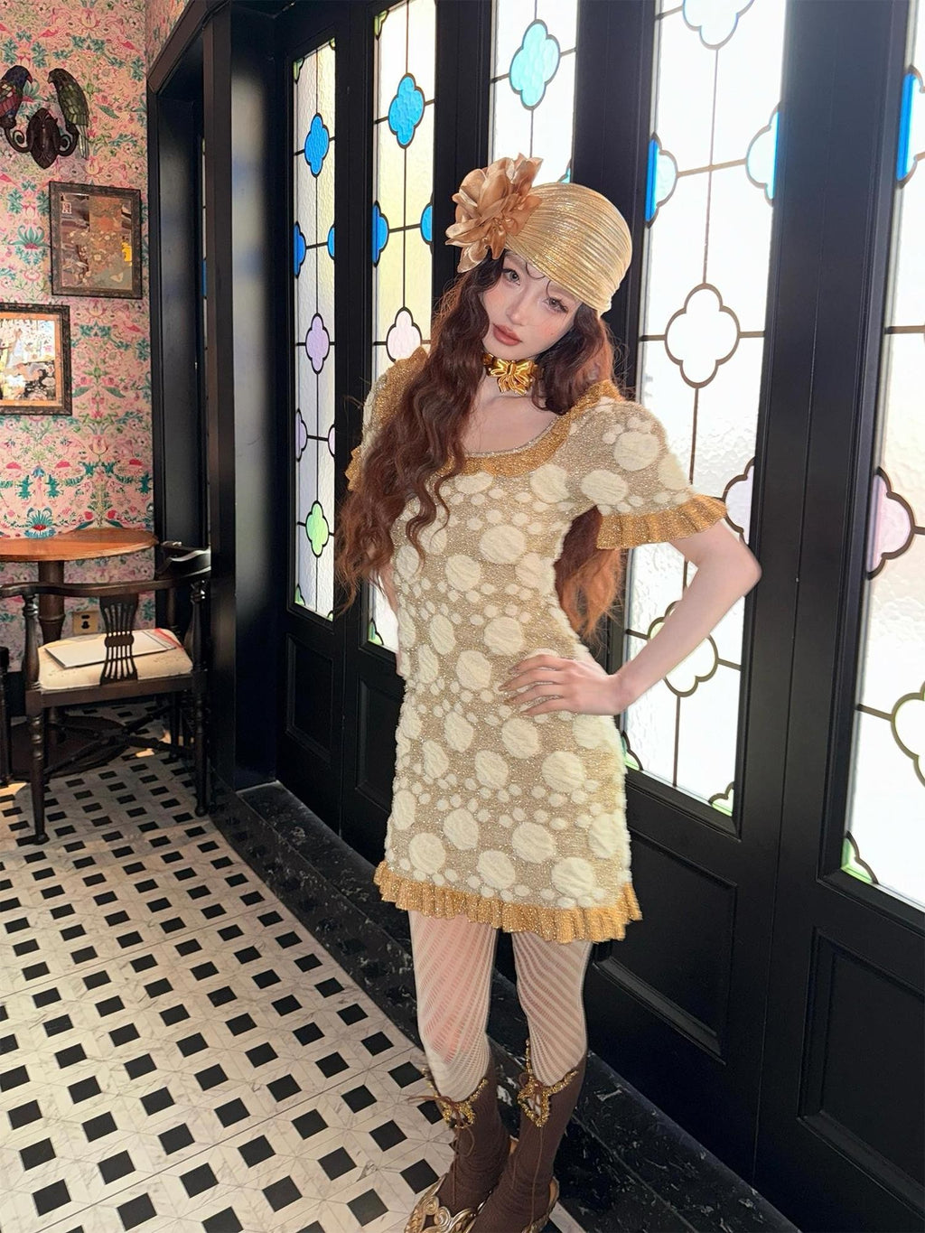cidhiidhi Gold Jacquard U Neck Cinched Waist Bubble Sleeve Women's Bodycon Mini Dresses