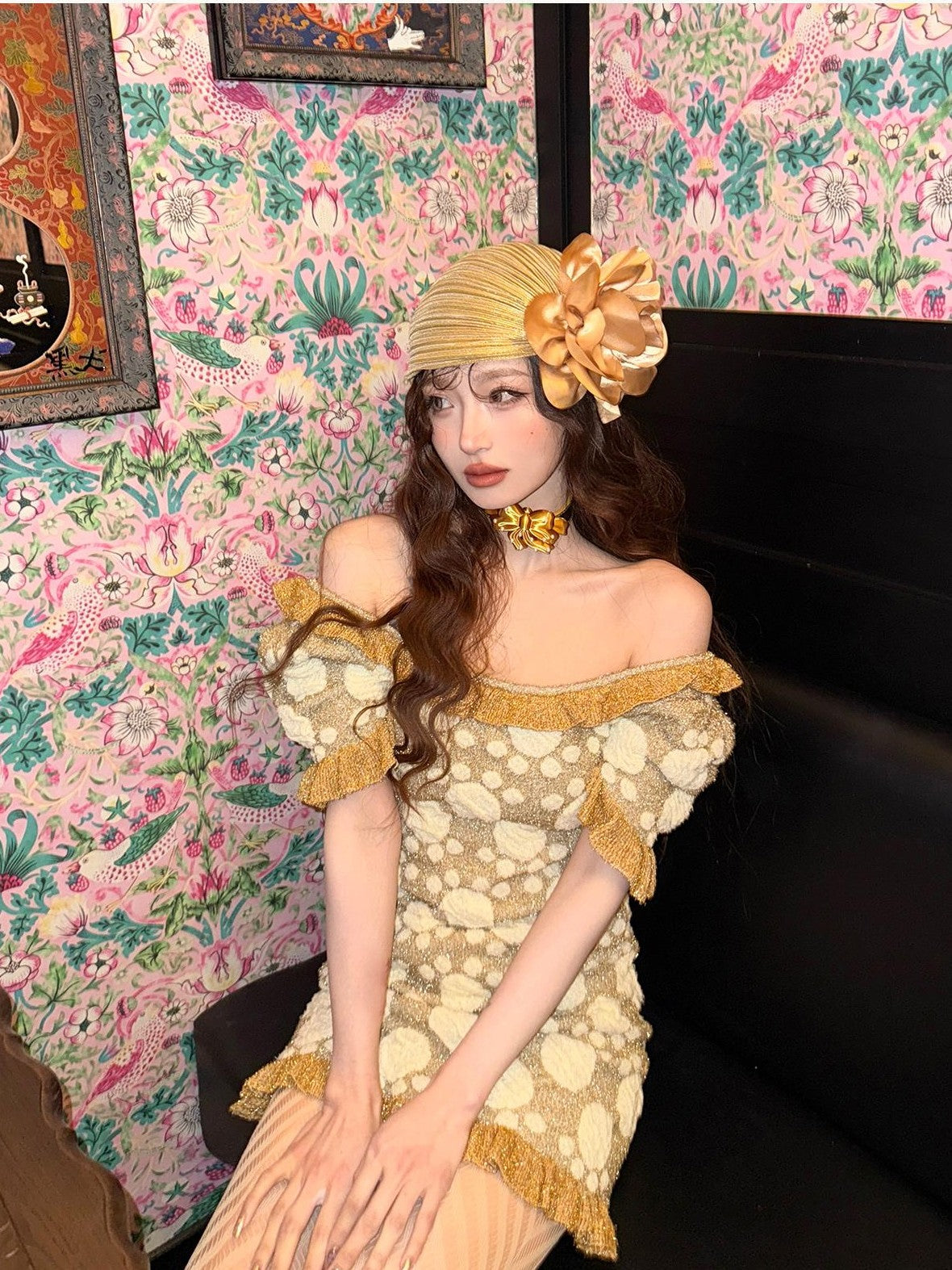 cidhiidhi Gold Jacquard U Neck Cinched Waist Bubble Sleeve Women's Bodycon Mini Dresses
