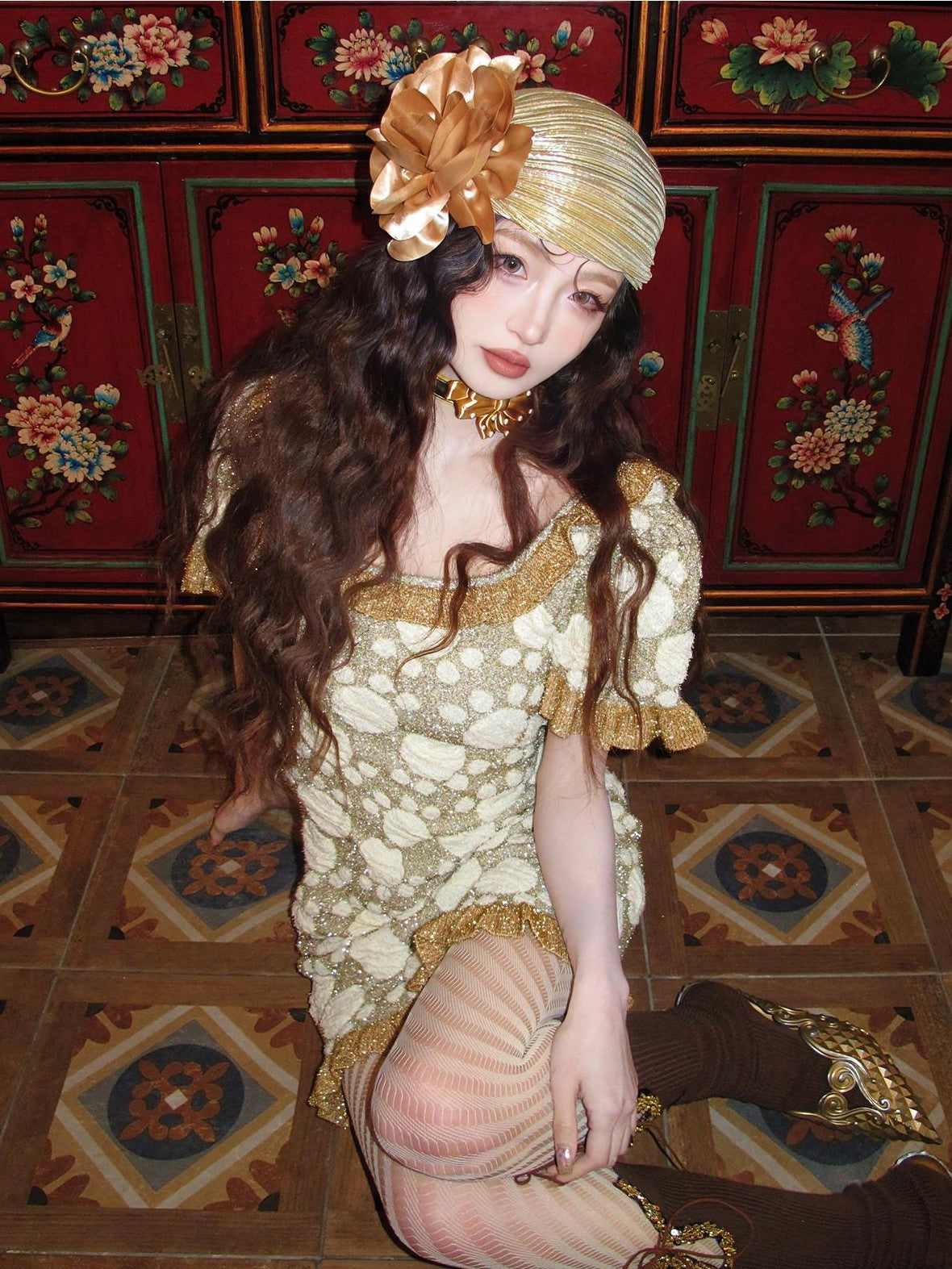 cidhiidhi Gold Jacquard U Neck Cinched Waist Bubble Sleeve Women's Bodycon Mini Dresses