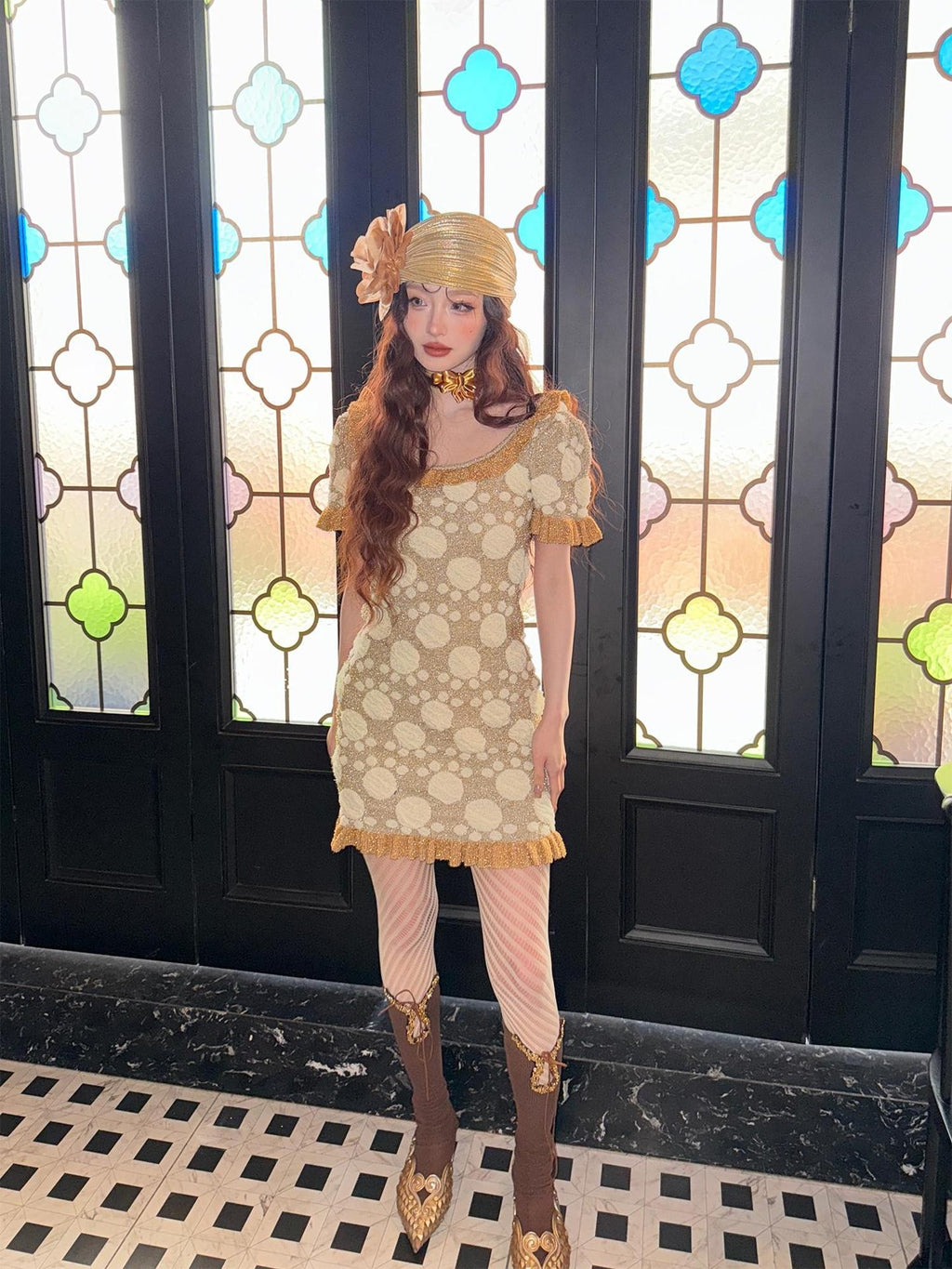 cidhiidhi Gold Jacquard U Neck Cinched Waist Bubble Sleeve Women's Bodycon Mini Dresses
