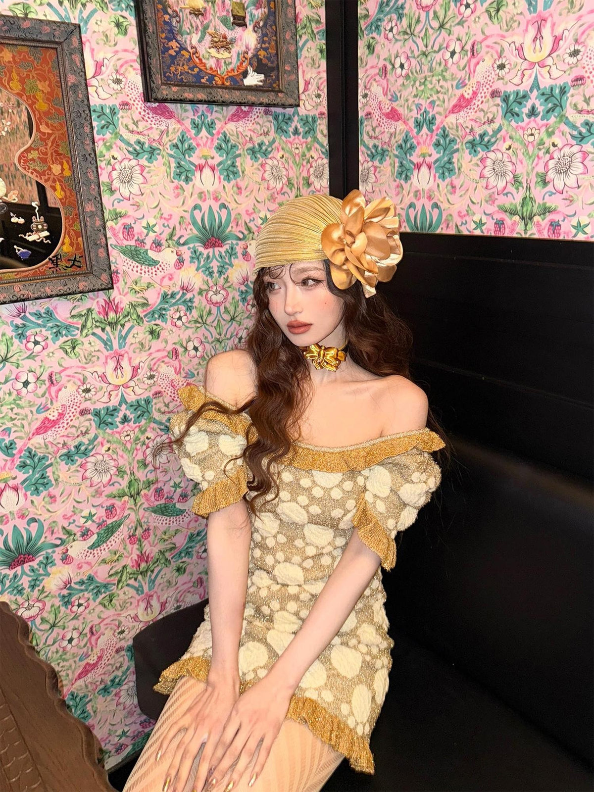 cidhiidhi Gold Jacquard U Neck Cinched Waist Bubble Sleeve Women's Bodycon Mini Dresses