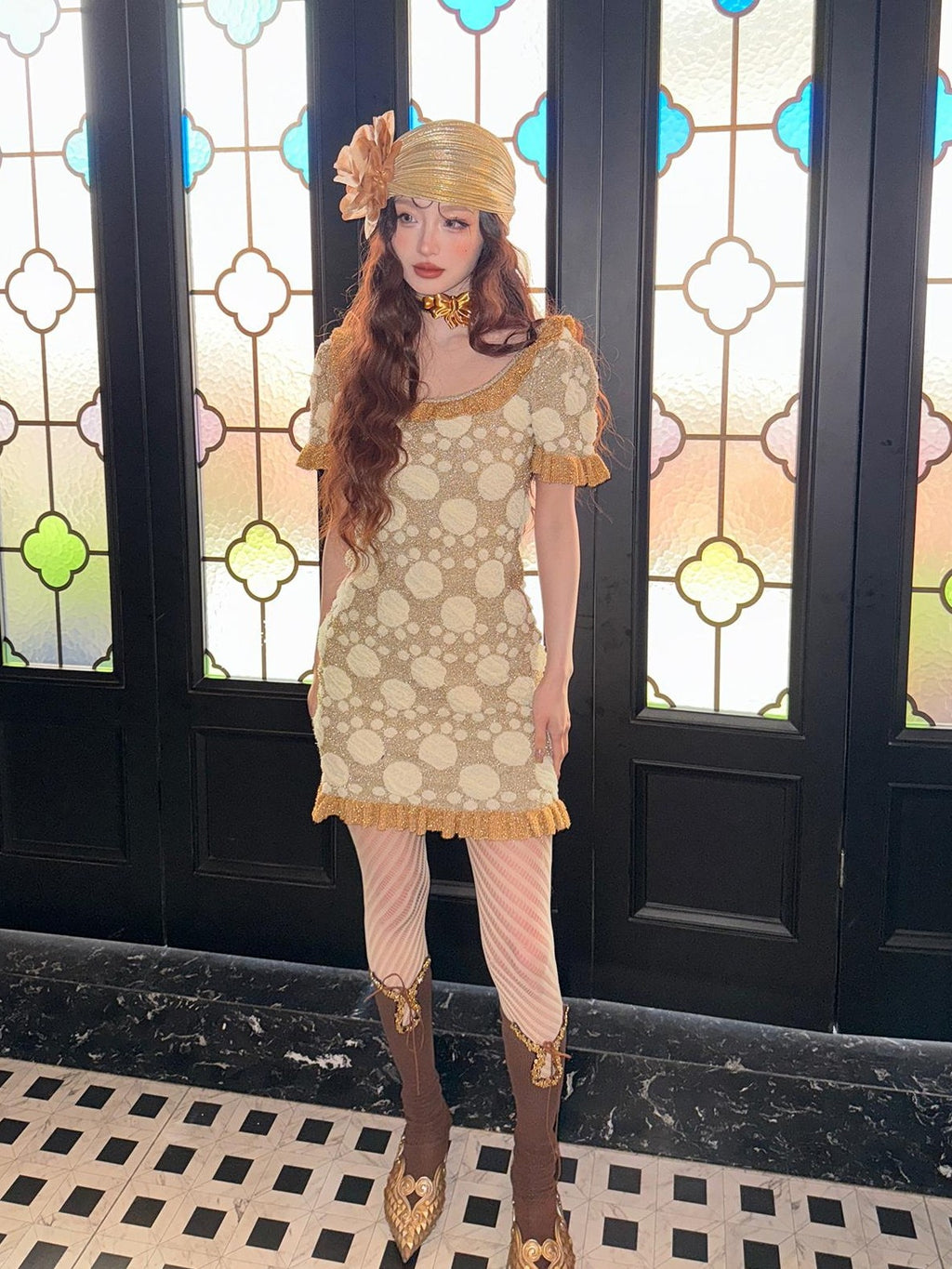 cidhiidhi Gold Jacquard U Neck Cinched Waist Bubble Sleeve Women's Bodycon Mini Dresses
