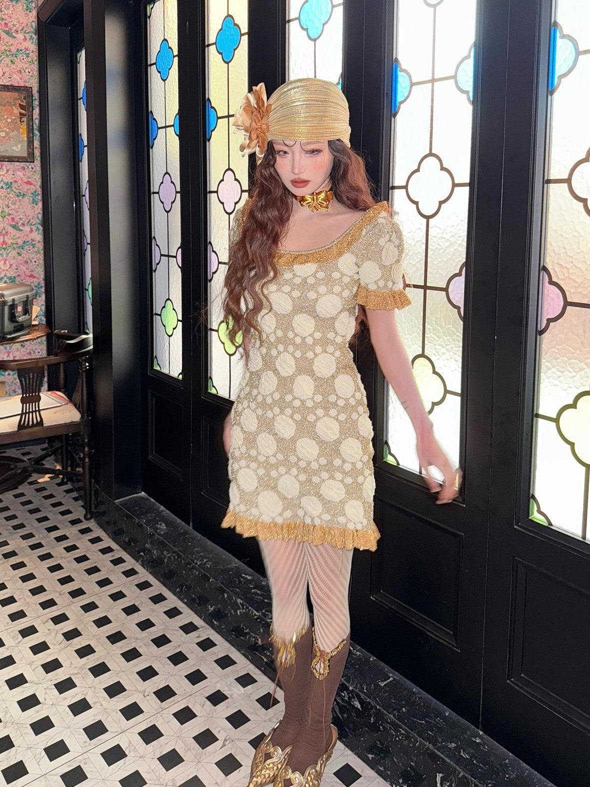 cidhiidhi Gold Jacquard U Neck Cinched Waist Bubble Sleeve Women's Bodycon Mini Dresses