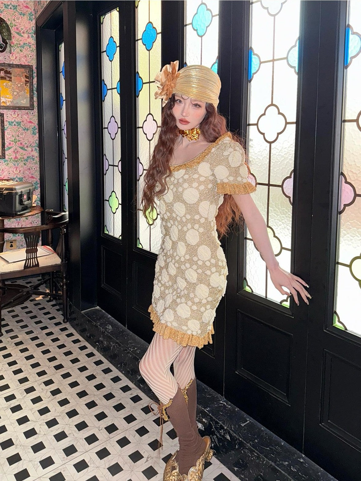 cidhiidhi Gold Jacquard U Neck Cinched Waist Bubble Sleeve Women's Bodycon Mini Dresses