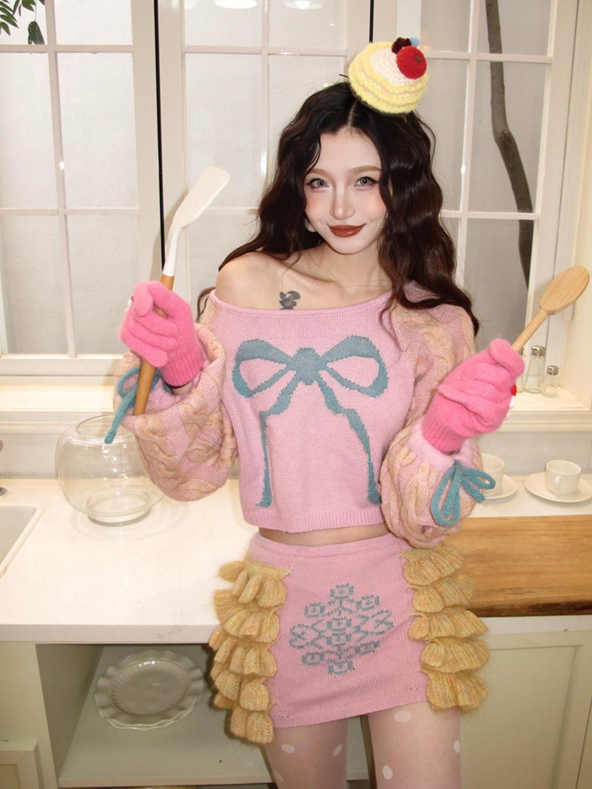 cidhiidhi Pink Jacquard Bow Lace Ruffle Trim Women's Wool Knit Matching Skirt Sets