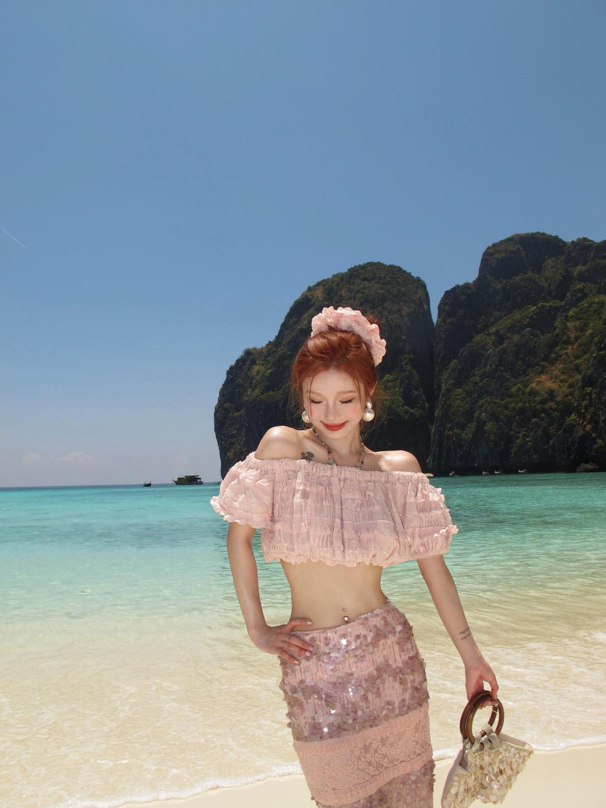 cidhiidhi Pink Lace Trim Ruched One Shoulder Puff Sleeve Slim Fit Women's Crop Tops
