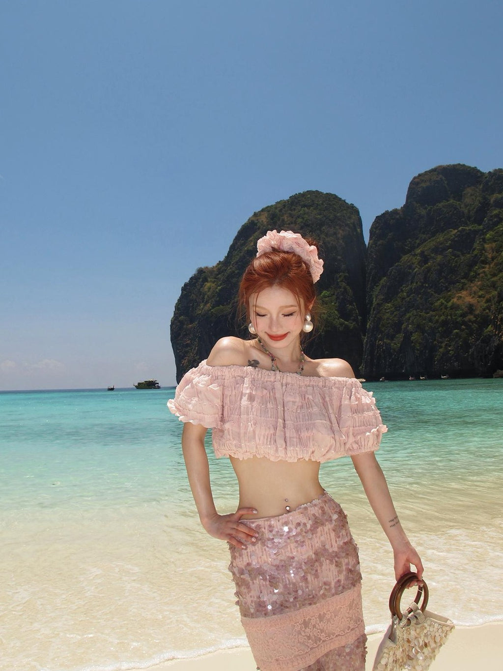 cidhiidhi Pink Lace Trim Ruched One Shoulder Puff Sleeve Slim Fit Women's Crop Tops
