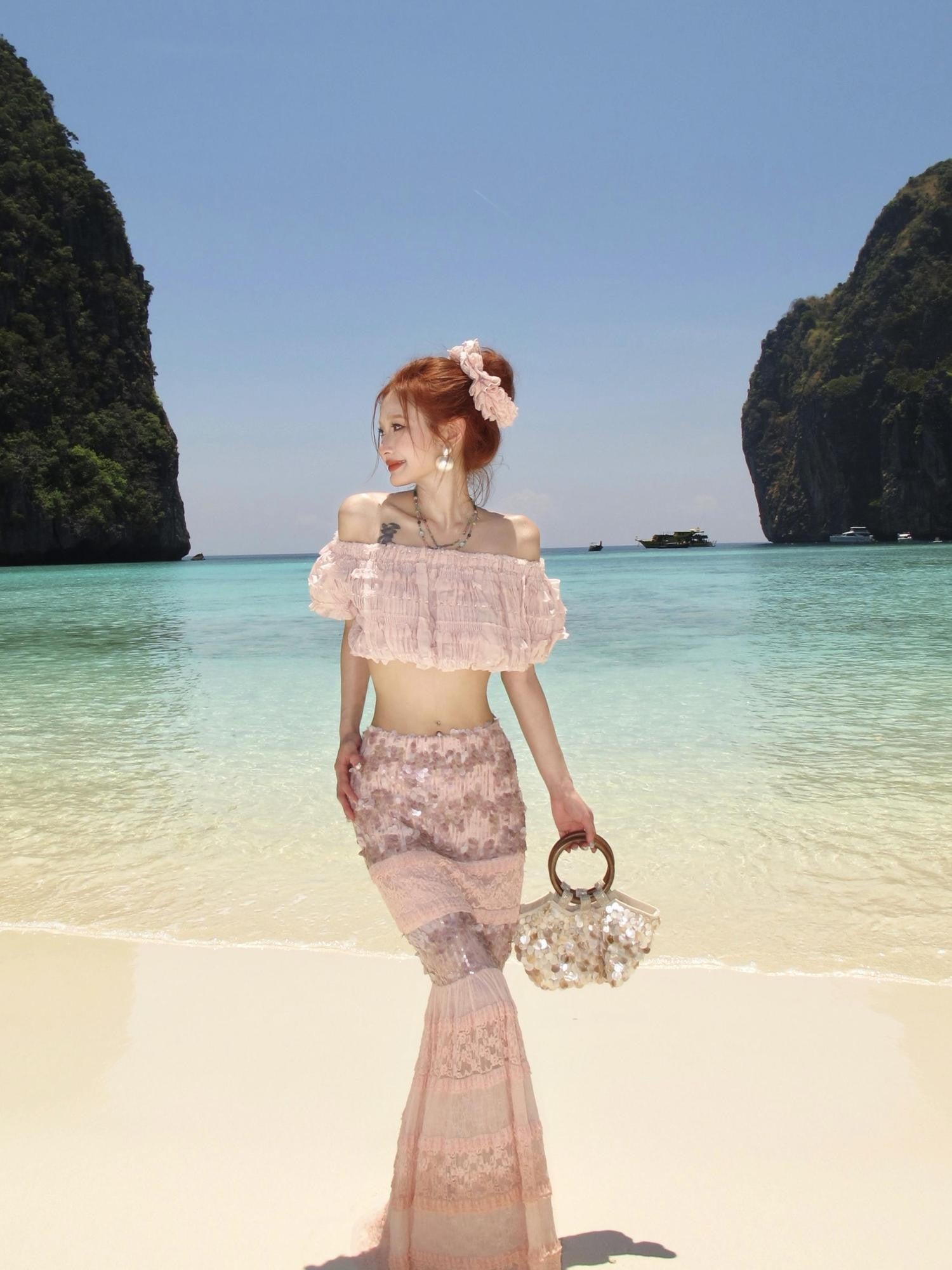 cidhiidhi Pink Sequin Spliced Lace High Waist Fitted Side Zipper Women's Mermaid Skirts