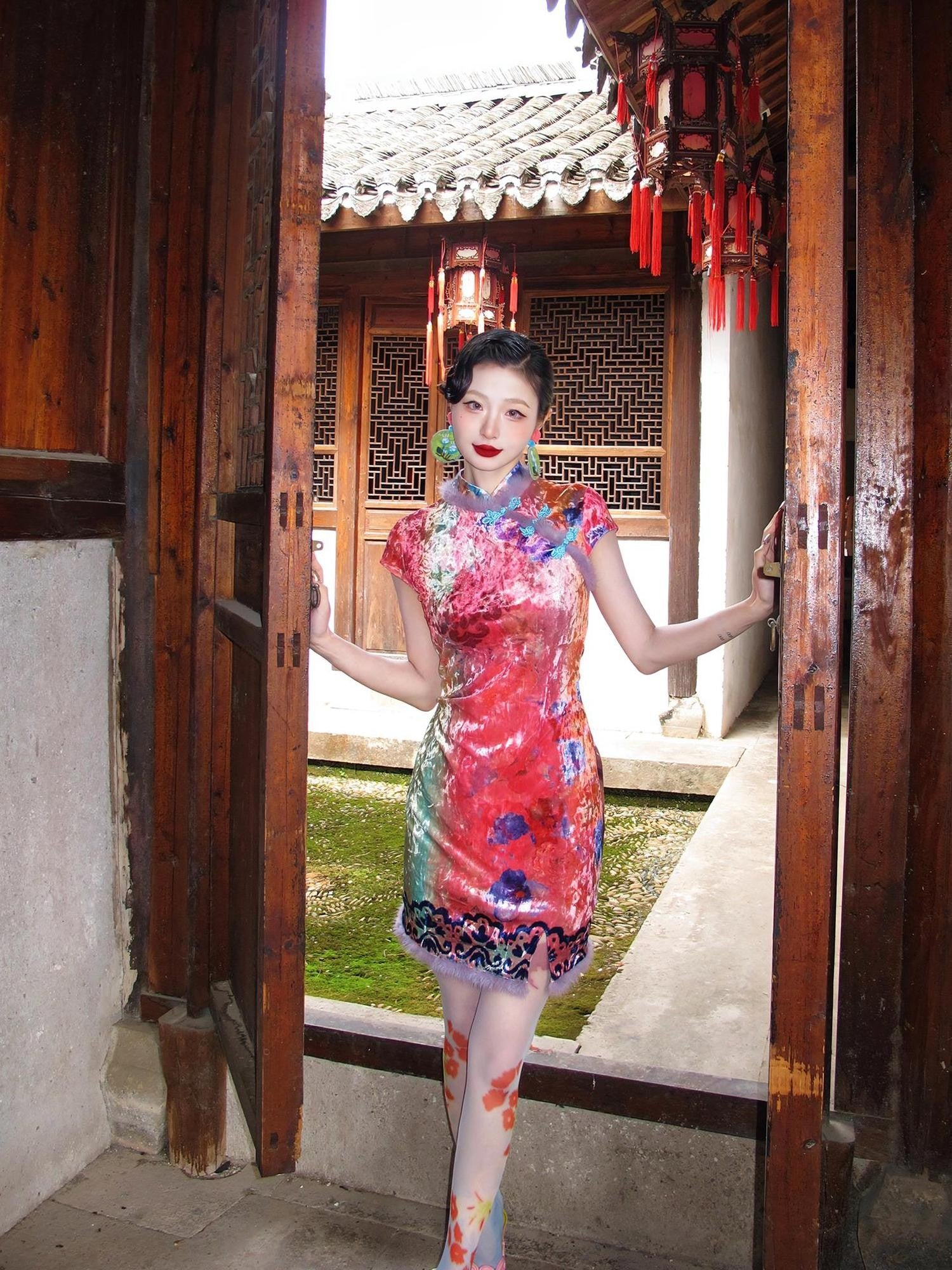 cidhiidhi Printed Cinched Waist Modern Chinese Women's Velvet Cheongsam Dresses
