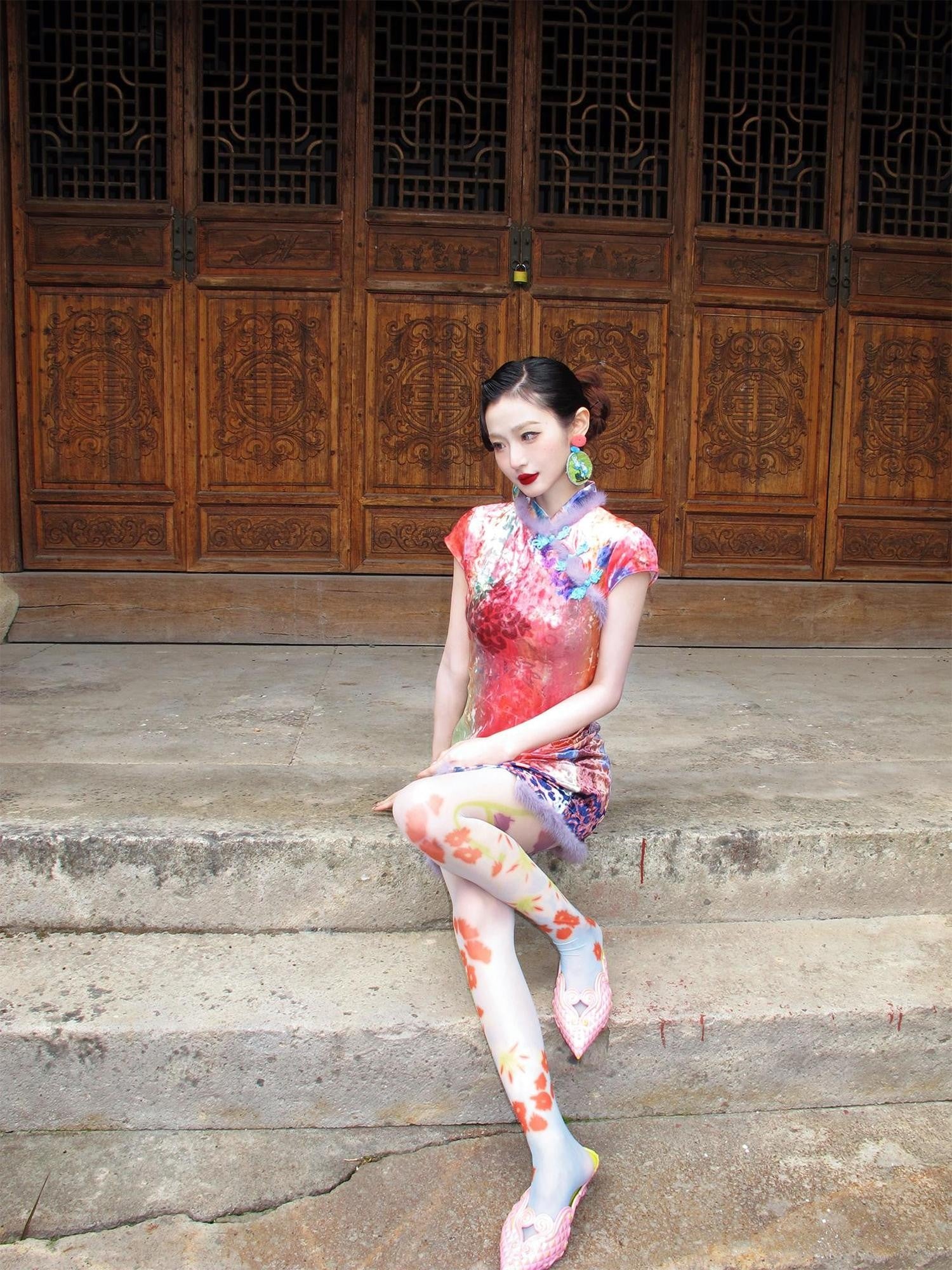 cidhiidhi Printed Cinched Waist Modern Chinese Women's Velvet Cheongsam Dresses
