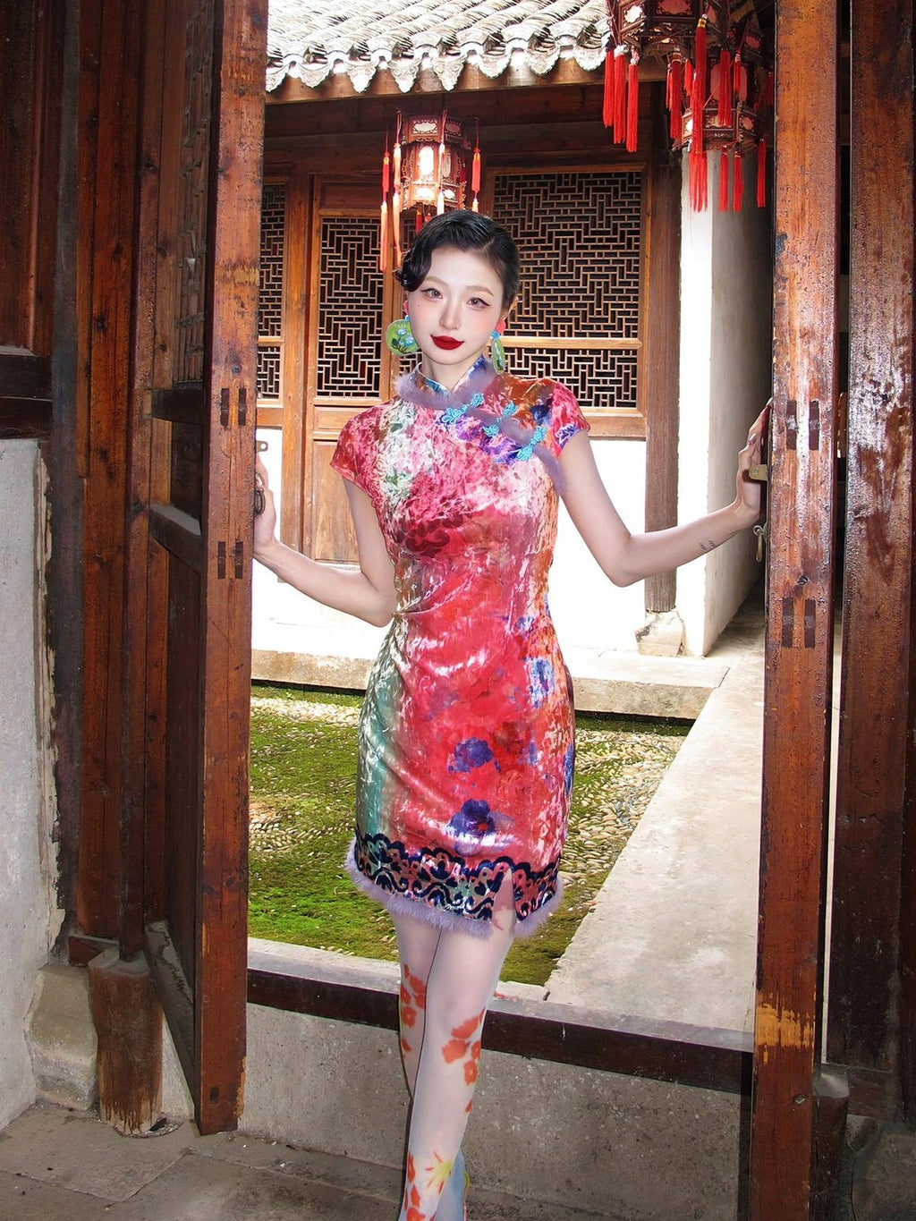 cidhiidhi Printed Cinched Waist Modern Chinese Women's Velvet Cheongsam Dresses