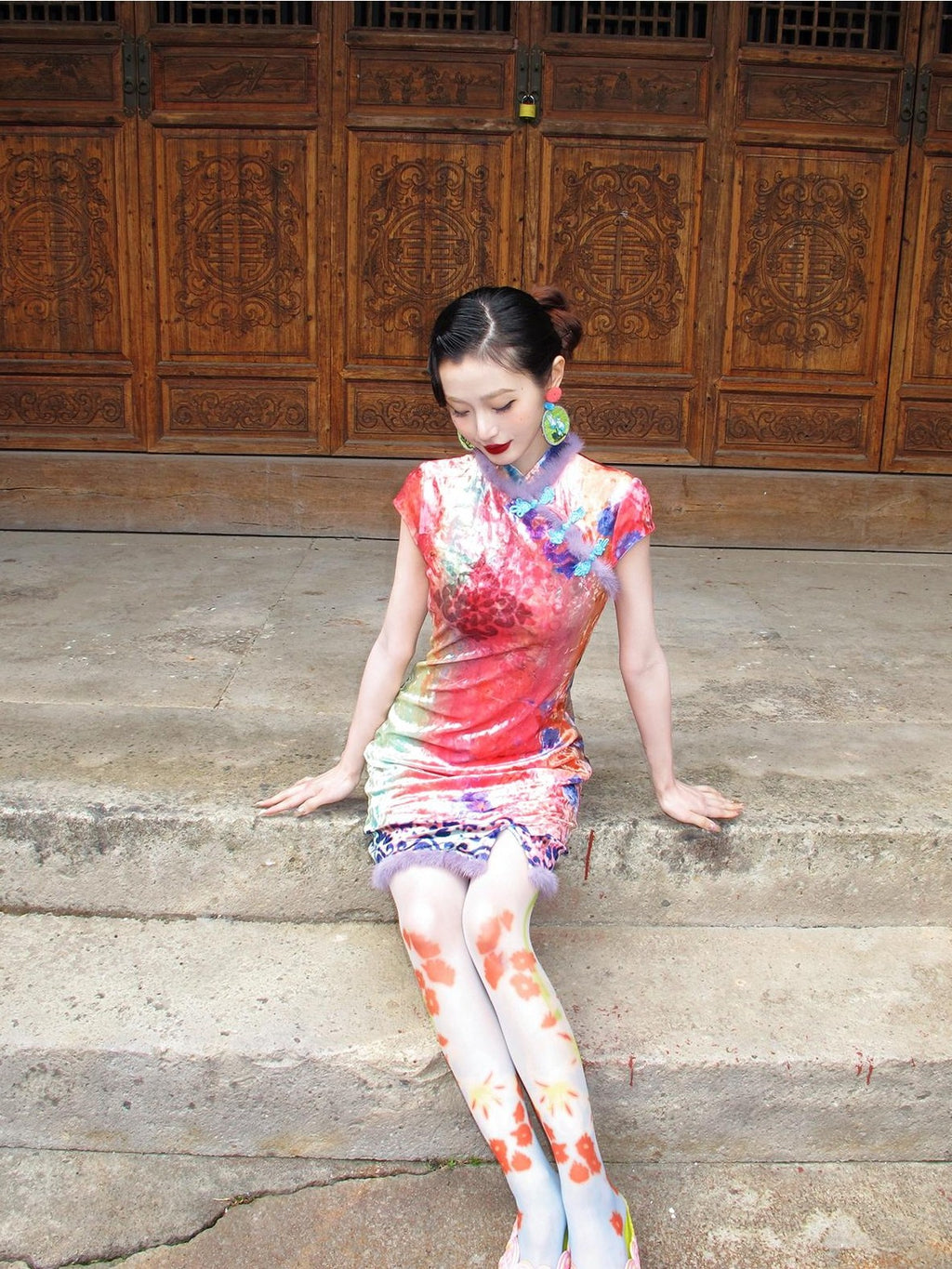 cidhiidhi Printed Cinched Waist Modern Chinese Women's Velvet Cheongsam Dresses