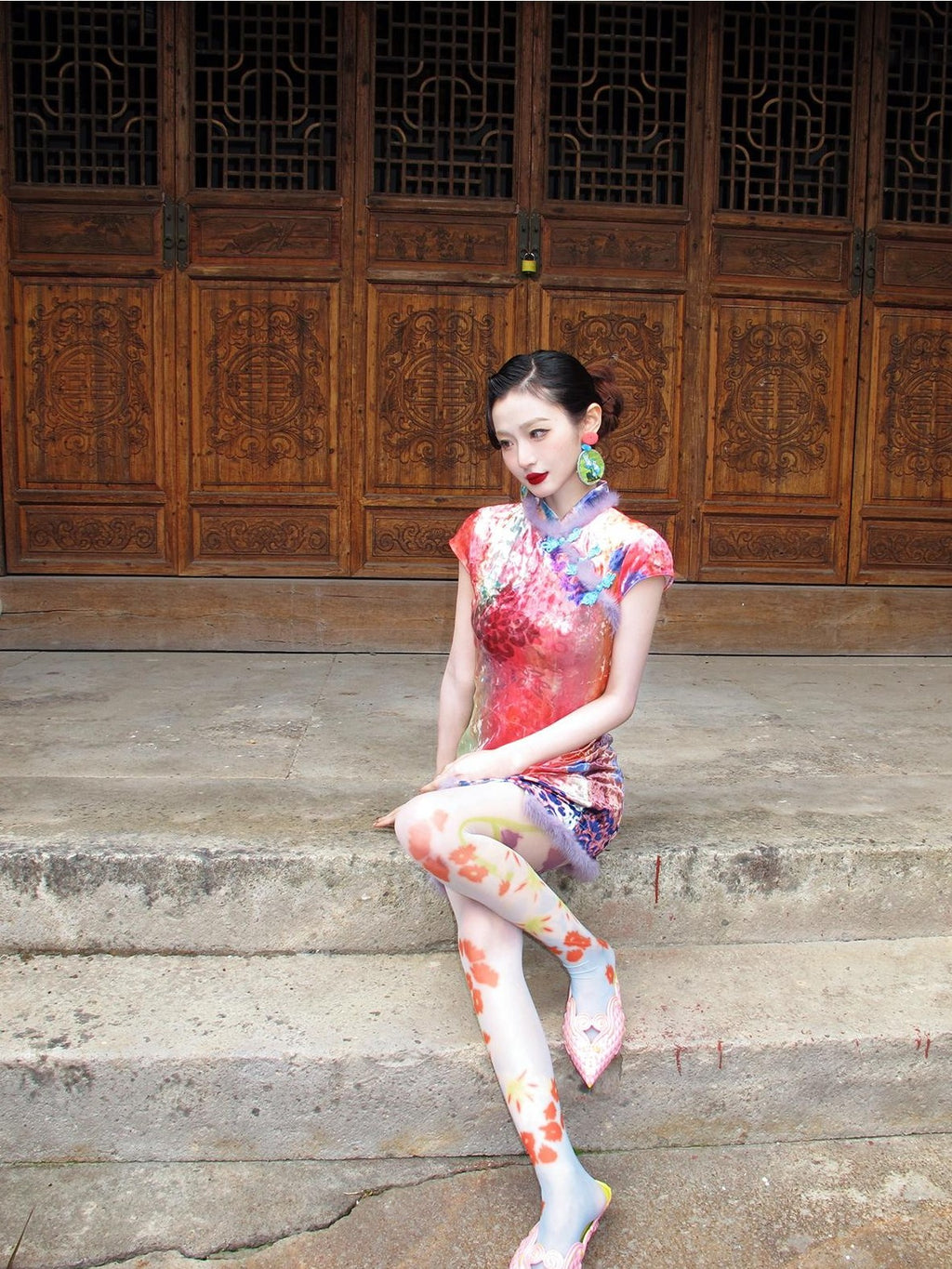 cidhiidhi Printed Cinched Waist Modern Chinese Women's Velvet Cheongsam Dresses