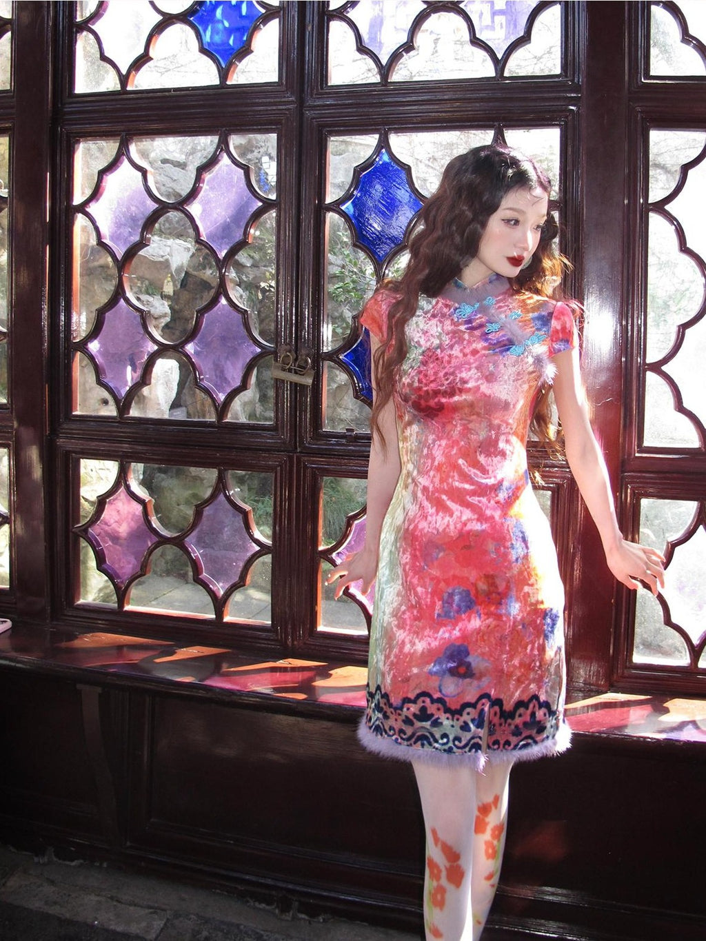 cidhiidhi Printed Cinched Waist Modern Chinese Women's Velvet Cheongsam Dresses